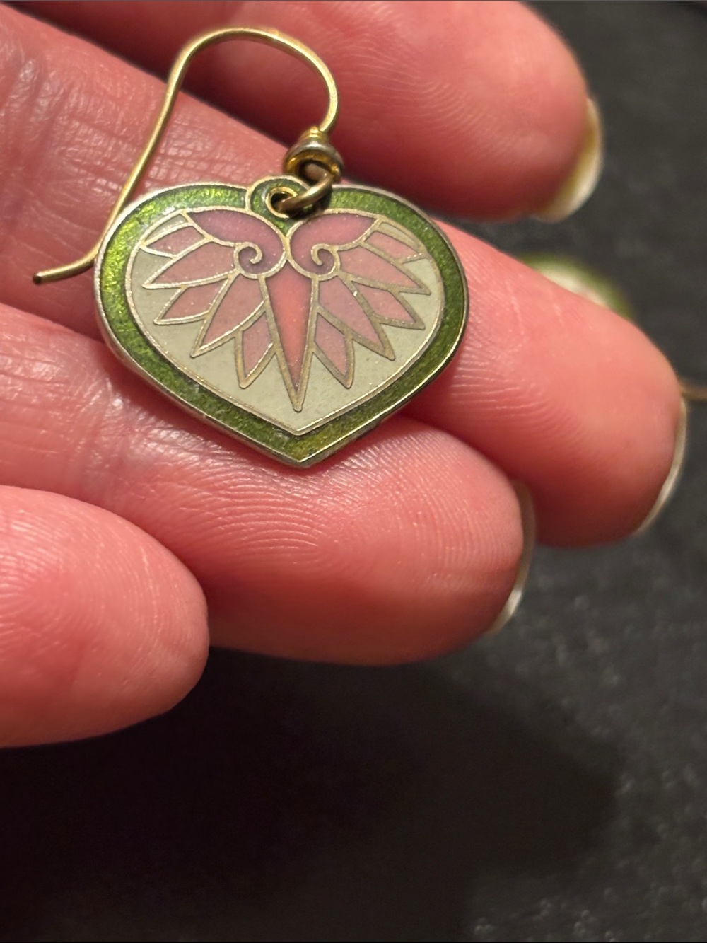 Laurel Burch Pink Green Heart Cloisonne Hollyhock Lotus Flower Enamel Earrings - Picture 8 of 11